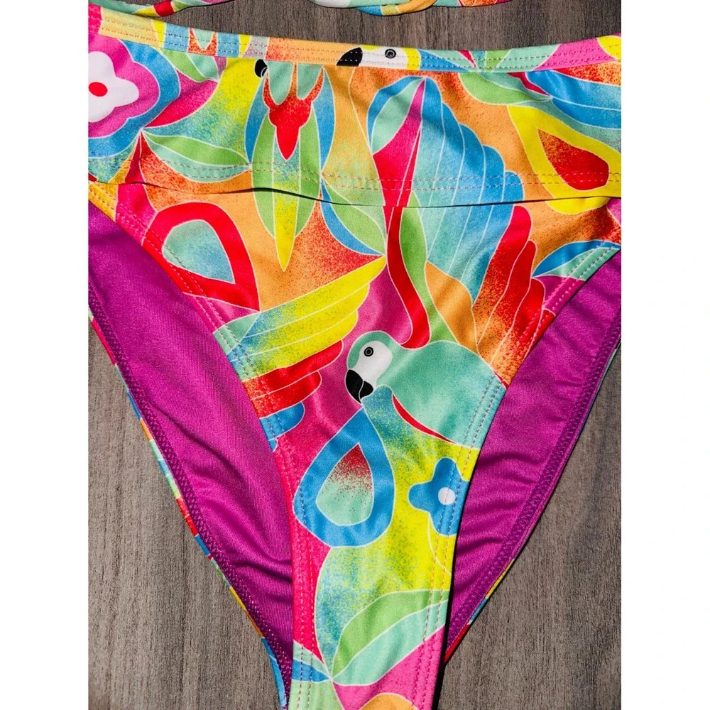 Watercolors By Kenny Flowers Bikini Top Bottom Swim Hawaiian Parrot XS NWT‎